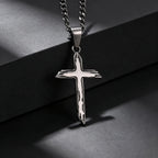 Wood Textured Cross Necklace for Men — Stainless Steel Chain