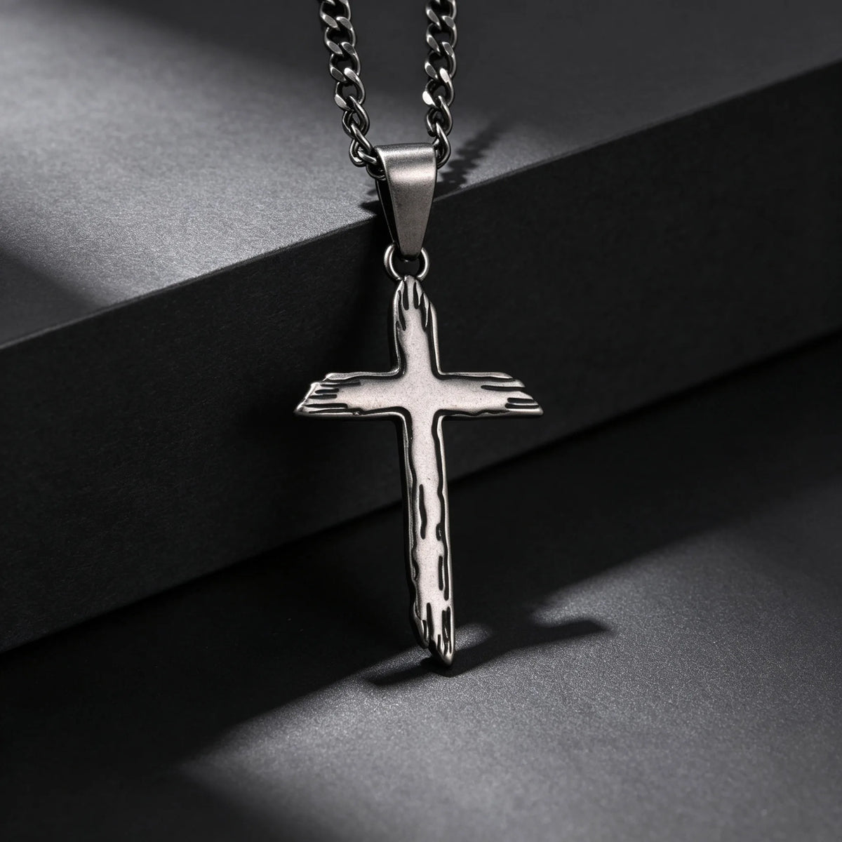 Wood Textured Cross Necklace for Men — Stainless Steel Chain