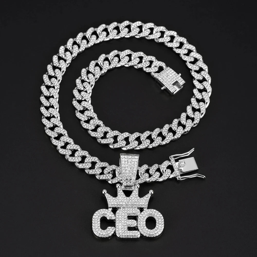 Iced Out Crown CEO Letter Pendant Cuban Link Chain Necklace