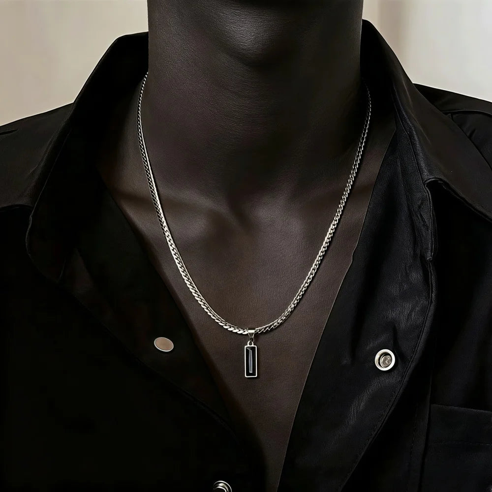 Hip Hop Men Black Square Crystal Pendant Necklace Retro Stainless Steel Flat Chain Jewelry Fashion Accessories