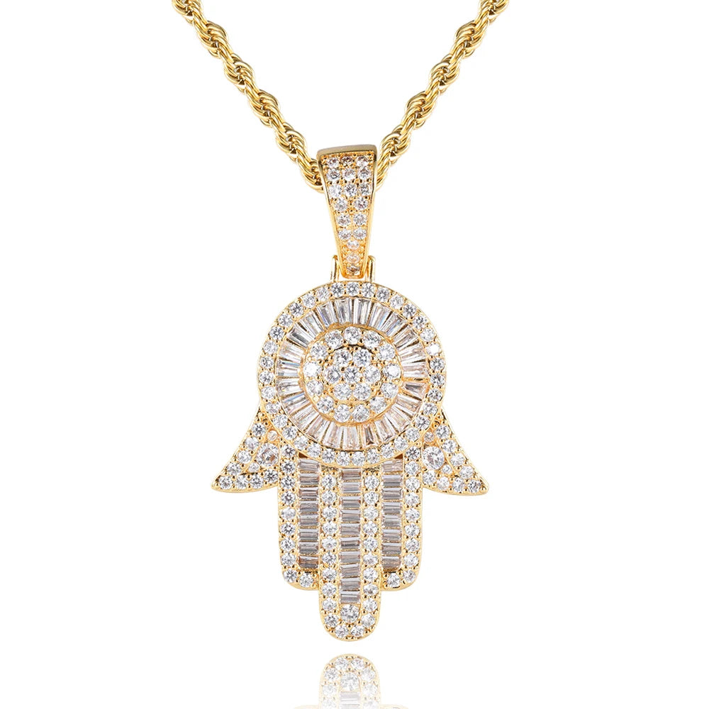Iced Out Hamsa Pendant Necklace Stainless Steel