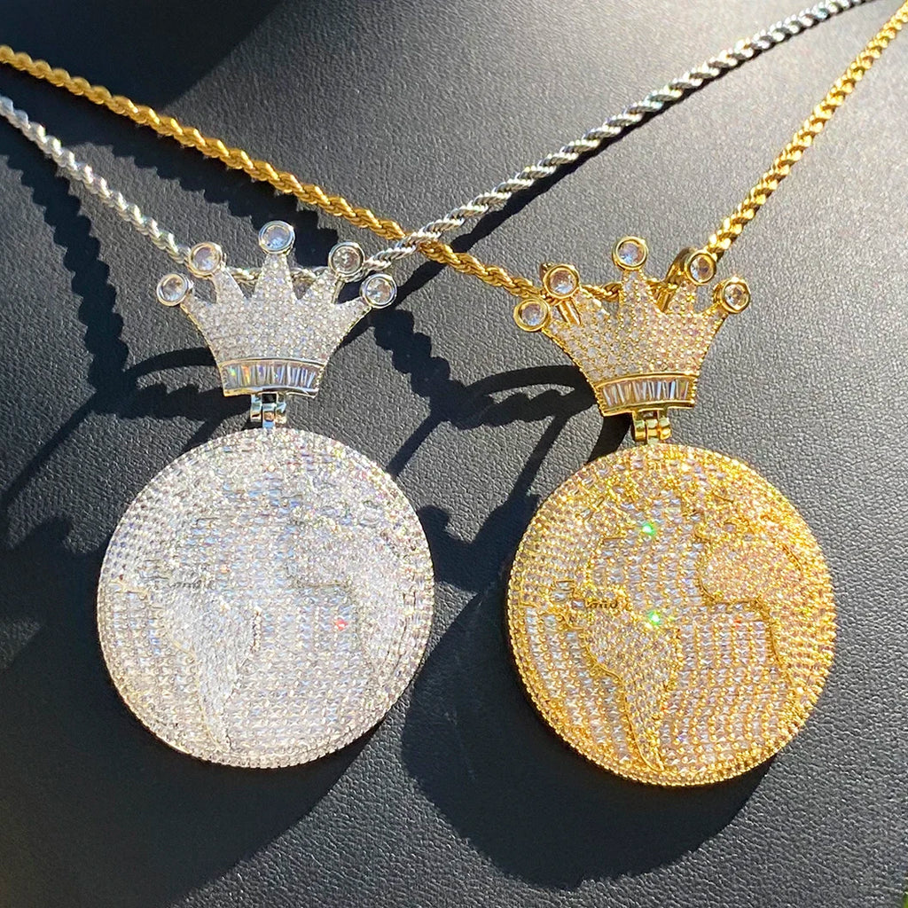 Aokaishen Iced Out Globe World Crown Bail Necklace Pendant for Men Real Gold Plated 5A Grade Hip Hop Jewelry