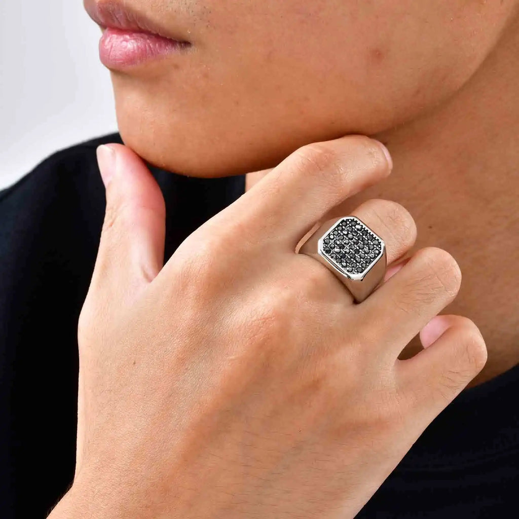 Iced Out Black Zircon Signet Ring — Stainless Steel