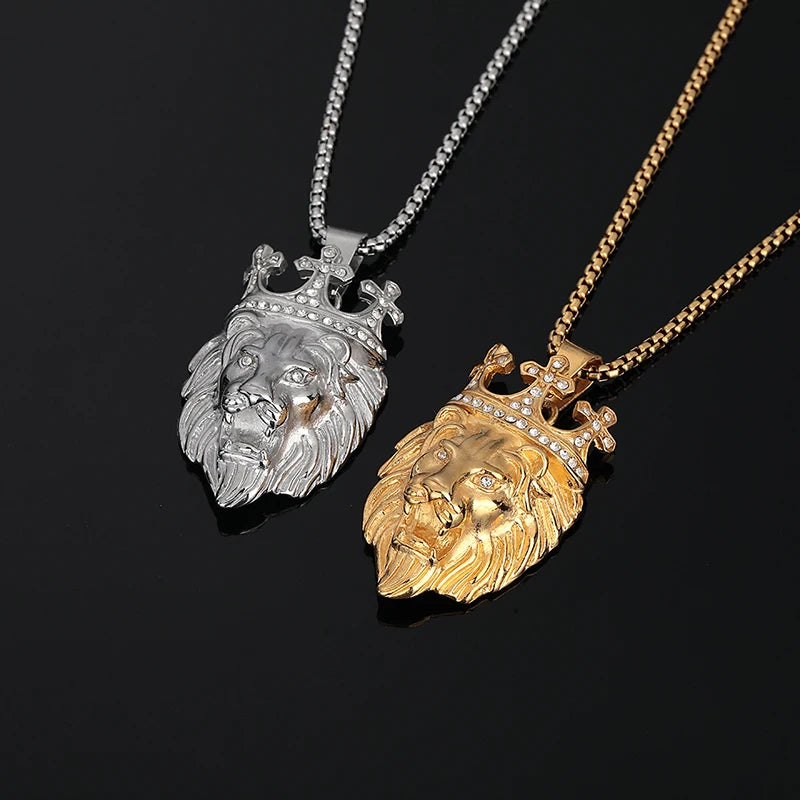 Iced Out Cross Crown Lion Necklace — Stainless Steel