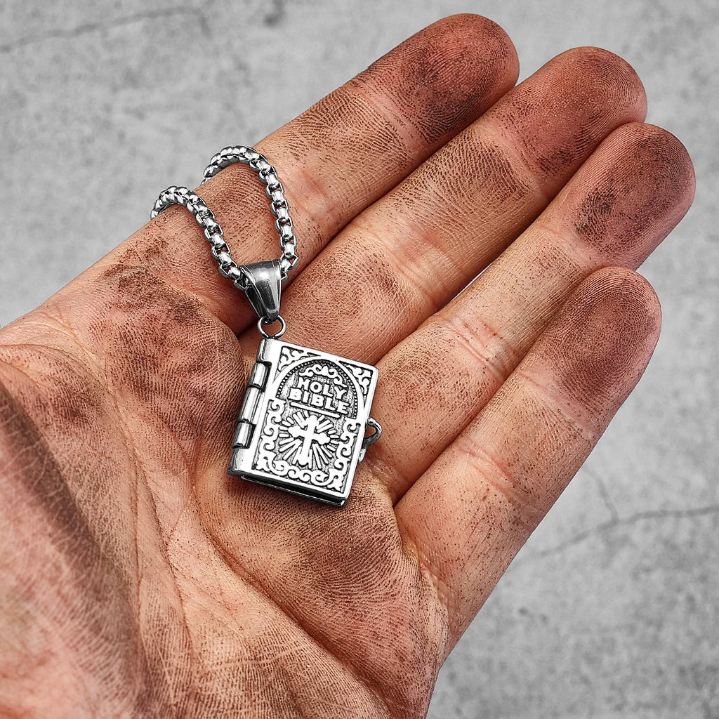 Openable Holy Bible Book Pendant — Stainless Steel