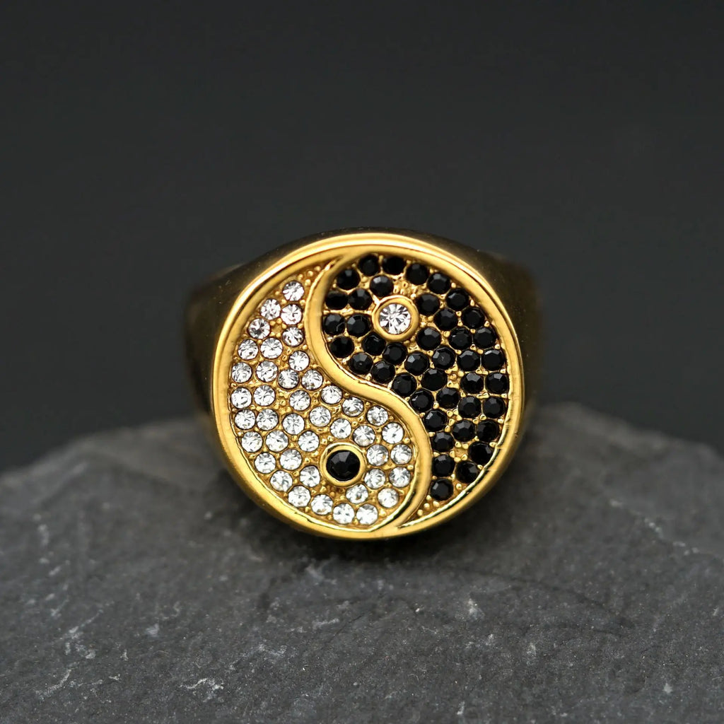 New Retro China Style Tai Chi Diagram Black White Rhinestones 316L Stainless Steel Male Female Ring
