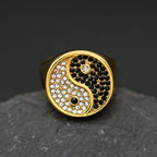 New Retro China Style Tai Chi Diagram Black White Rhinestones 316L Stainless Steel Male Female Ring