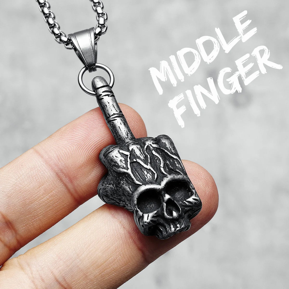 Middle Finger Skull Pendant Necklace — 316L Stainless Steel