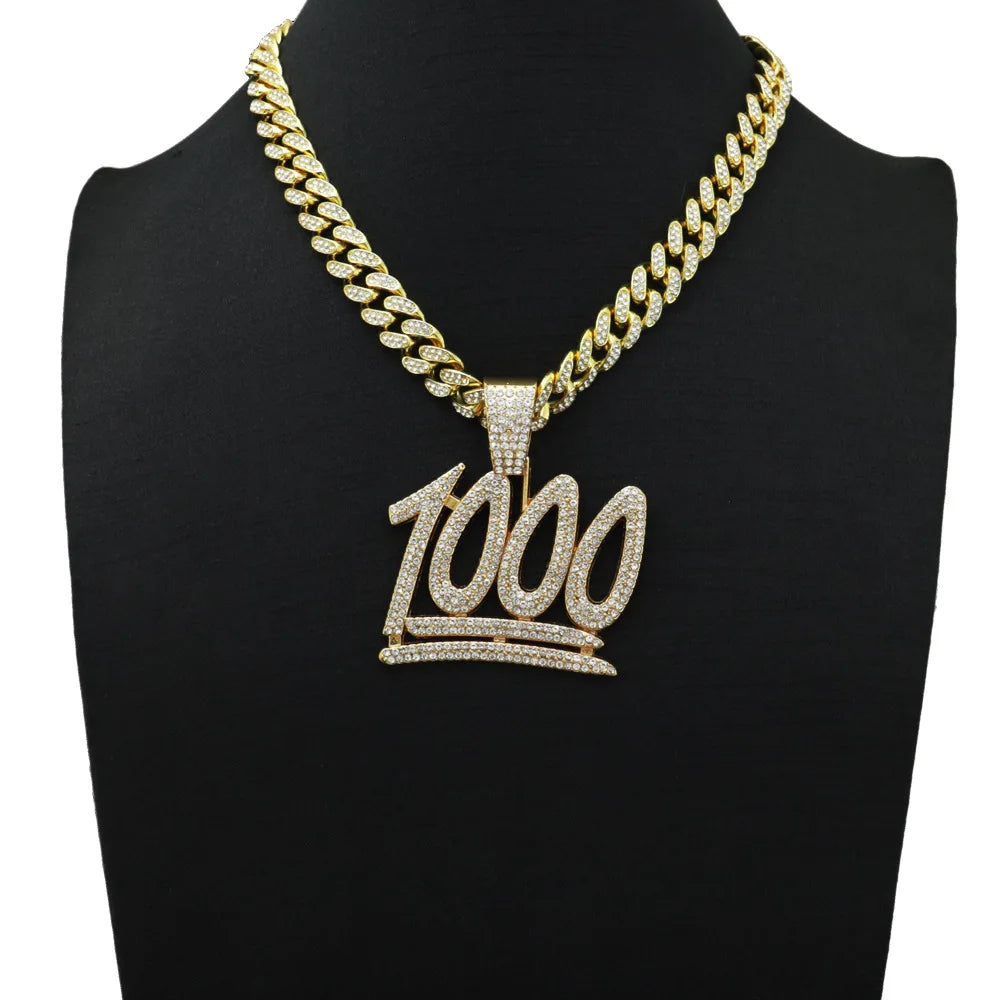 Fashion Shine Number 1000 Fraction Pendant Necklace With14mm Crystal Cuban Chain For Men Women Hip Hop Party Jewelry Accessories
