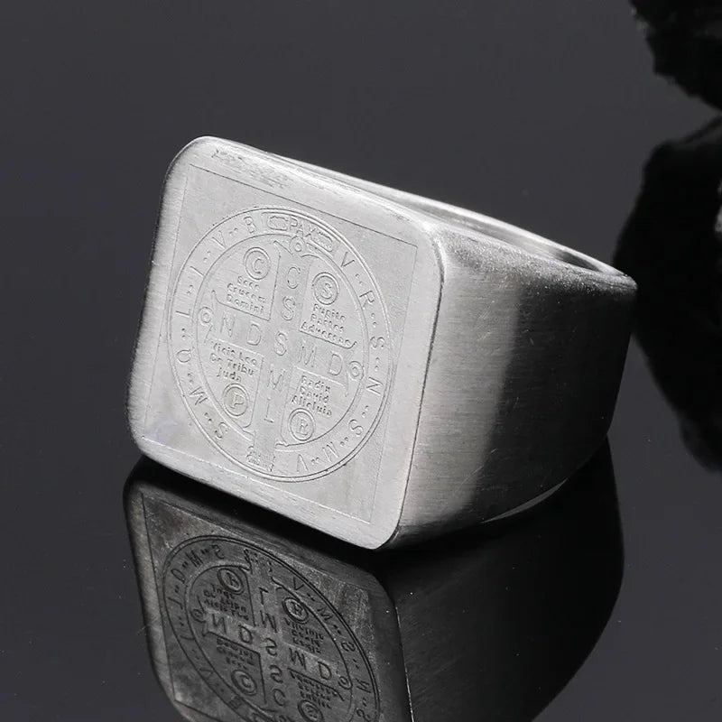 St. Benedict Exorcism Ring for Men — Geometric Square Band