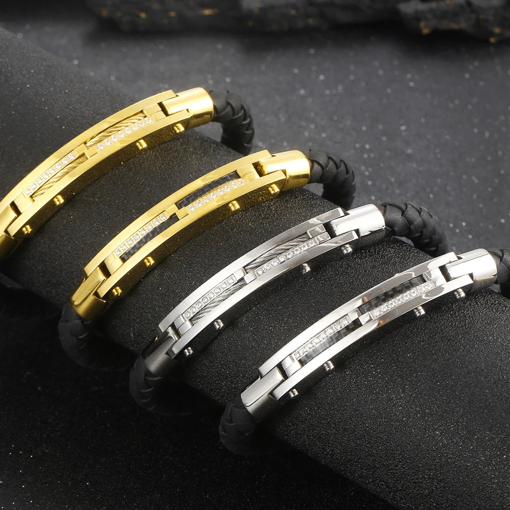 Gold Color Bracelets for Men 8MM Wide Braided Leather Rope Chain Bracelet CZ Stainless Steel Men's Arm Jewelry Birthday