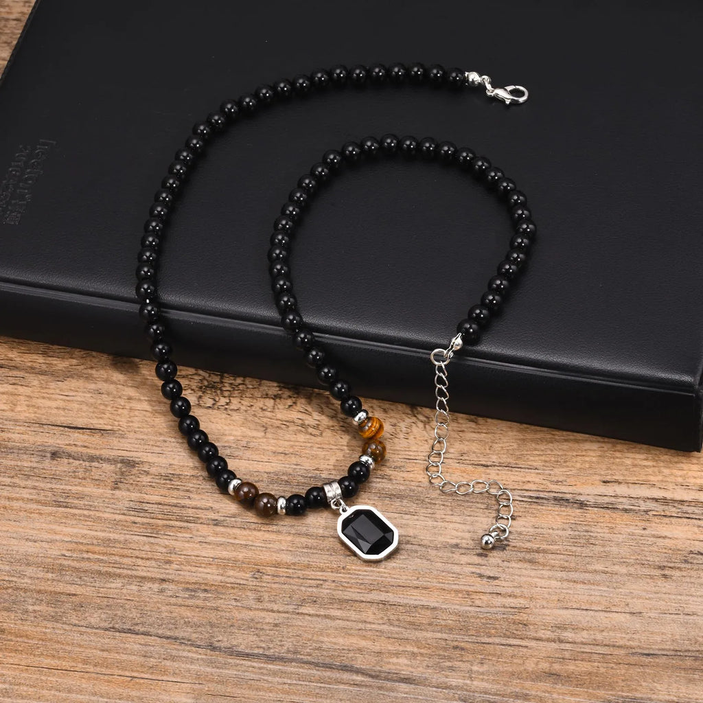Black Stone Square Pendant Necklace