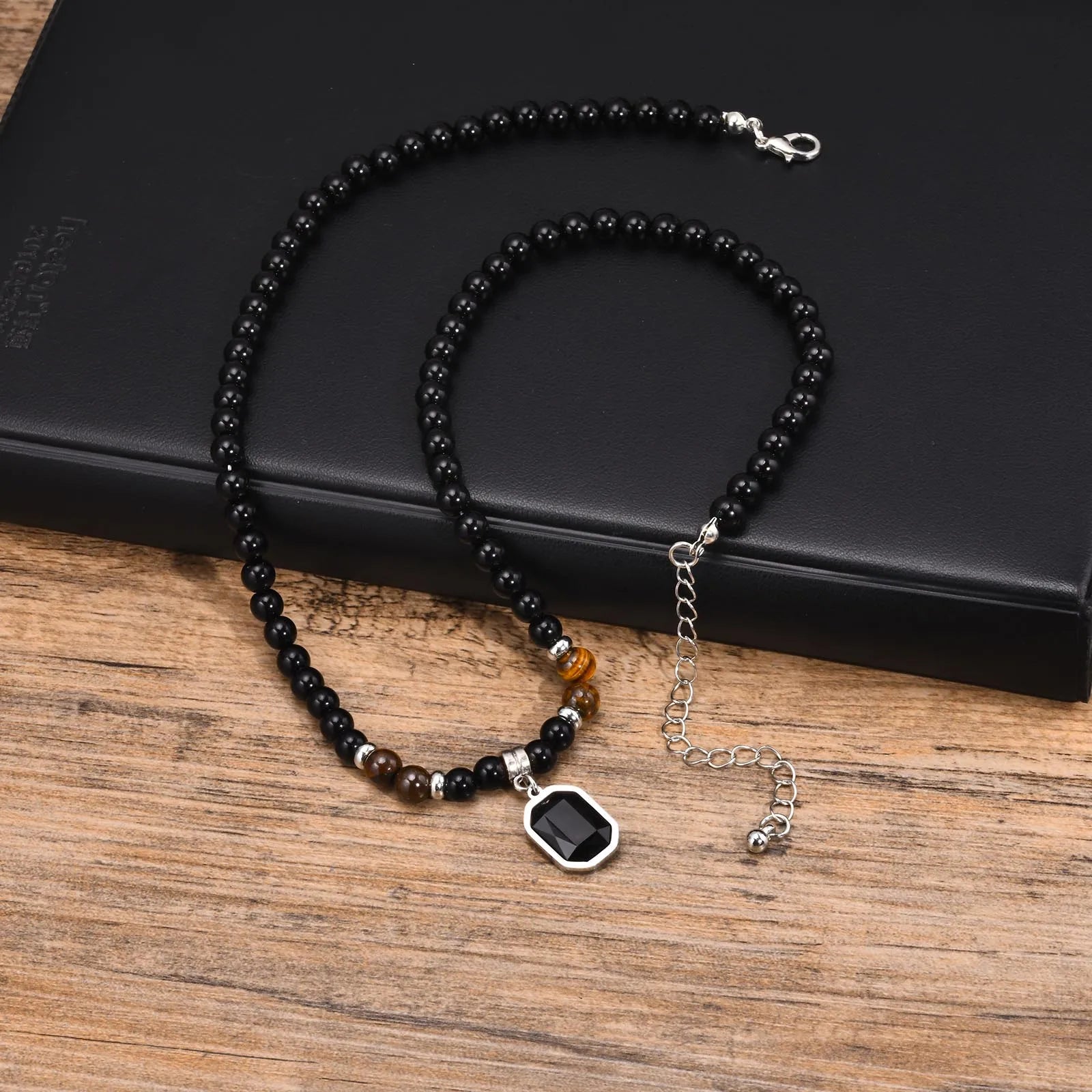 Black Stone Square Pendant Necklace