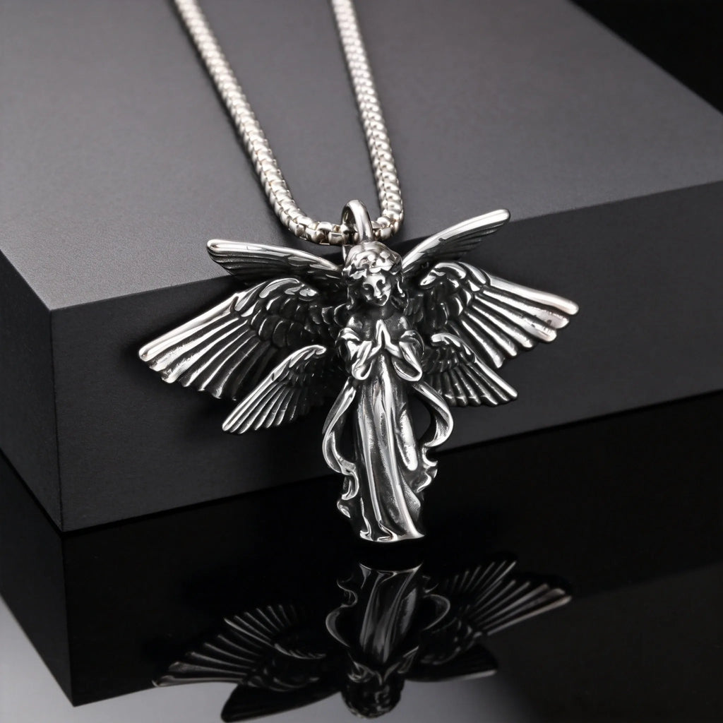 Classic Vintage Angel Wings Pendant Necklace for Men, Stainless Steel Seraph Prayer Necklace, Hip Hop Punk Jewelry