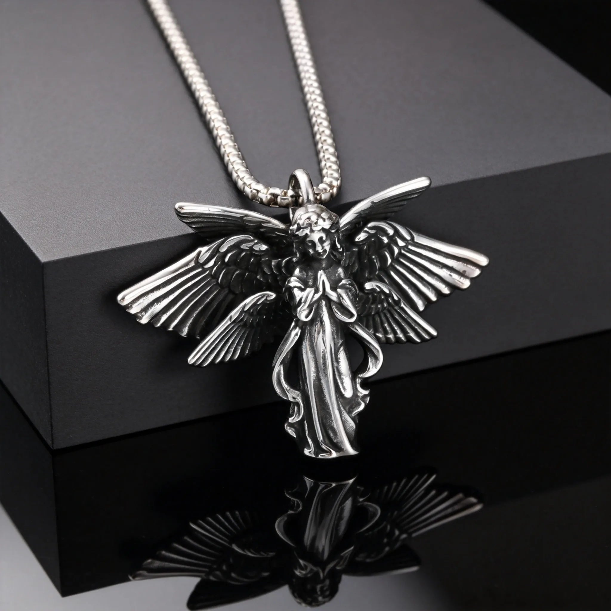 Classic Vintage Angel Wings Pendant Necklace for Men, Stainless Steel Seraph Prayer Necklace, Hip Hop Punk Jewelry