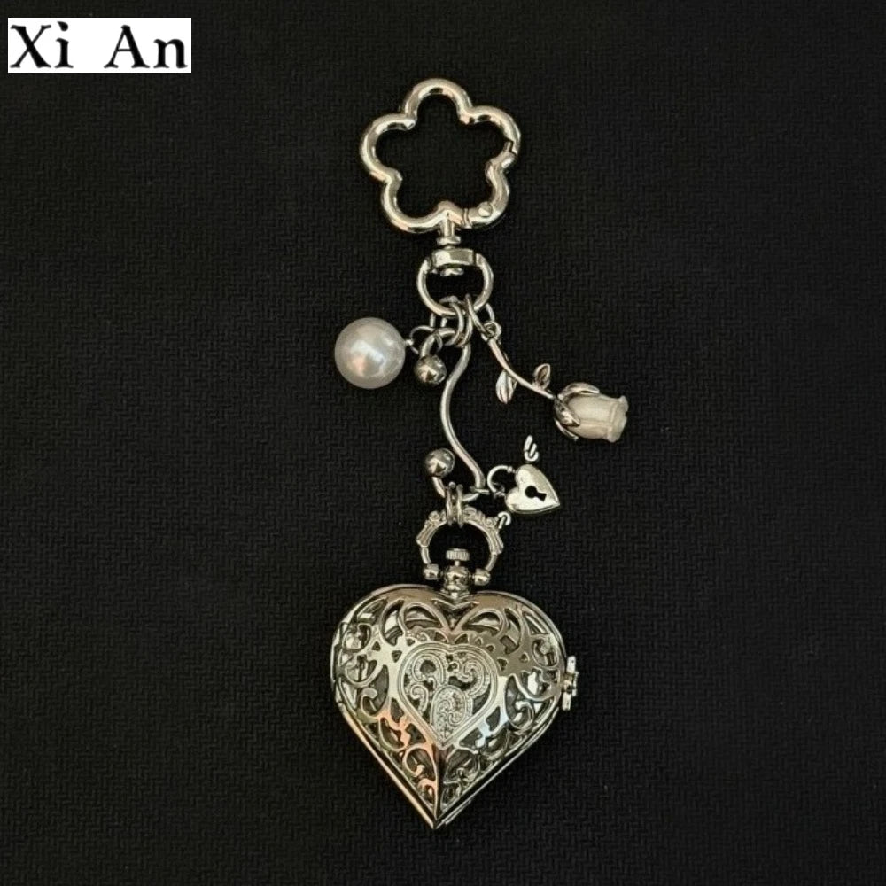 Original Hollow Heart Pocket Watch Chain keychain Design Steampunk Clock Vintage Necklace Pendant Jewelry Watch Men