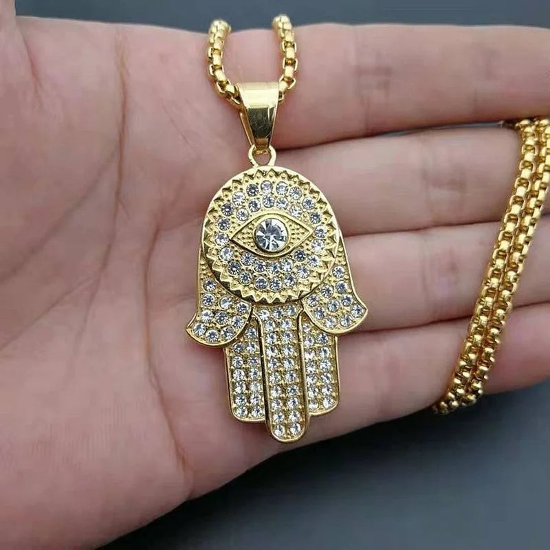 New Men's Fashion Titanium Steel Gold Plated Full Rhinestones Hand of Fatima Pendant Necklace Religious Personality Jewelry