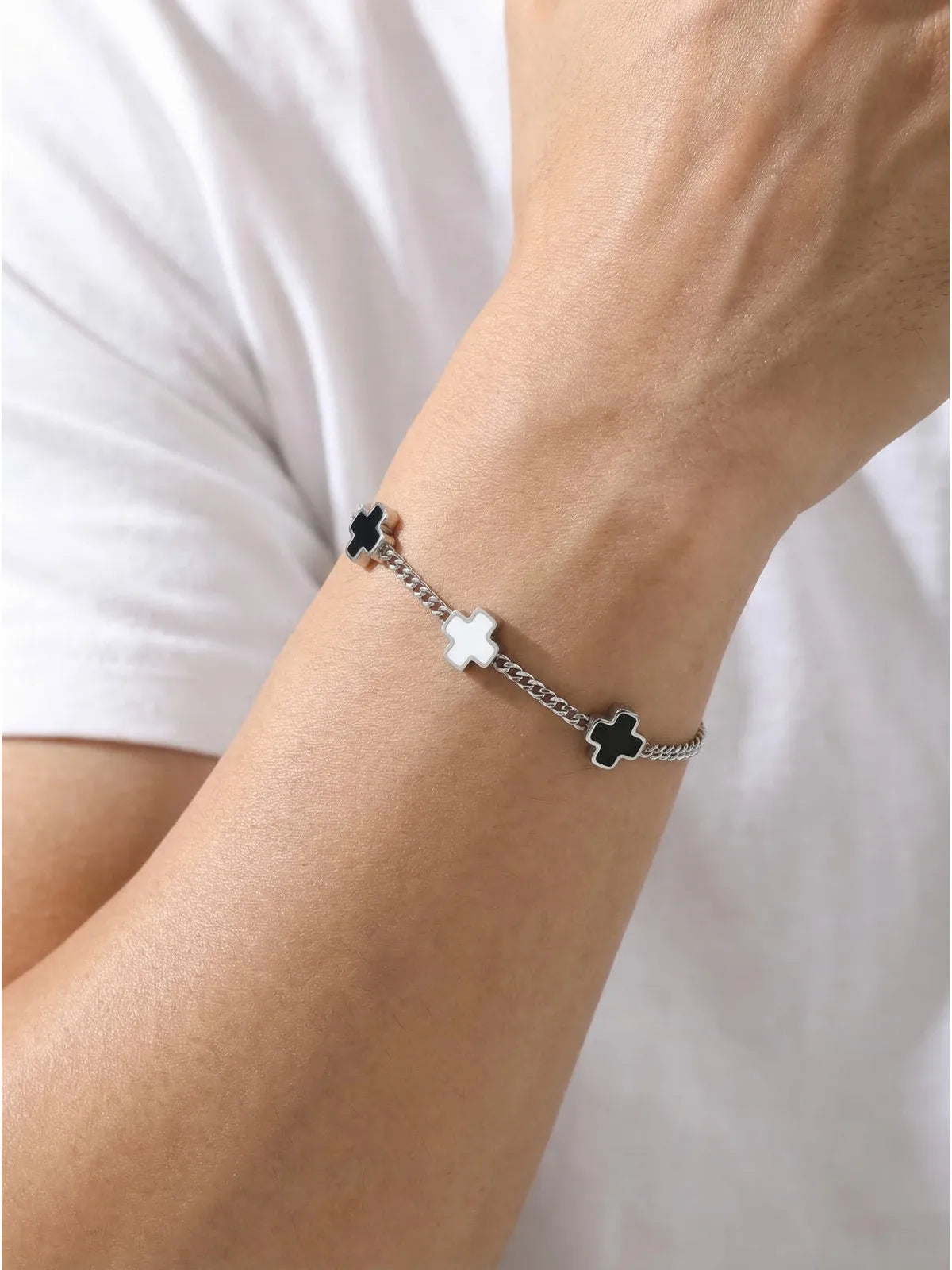 Cross Black Contrast Charm Bracelet — Stainless Steel