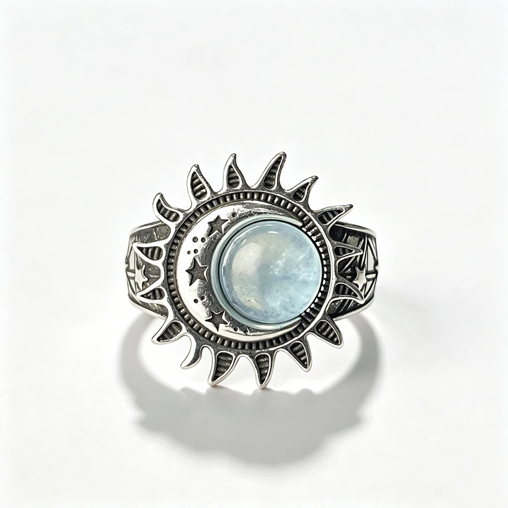 Sun Star Moon Cabochon Ring — Silver-Tone Bohemian