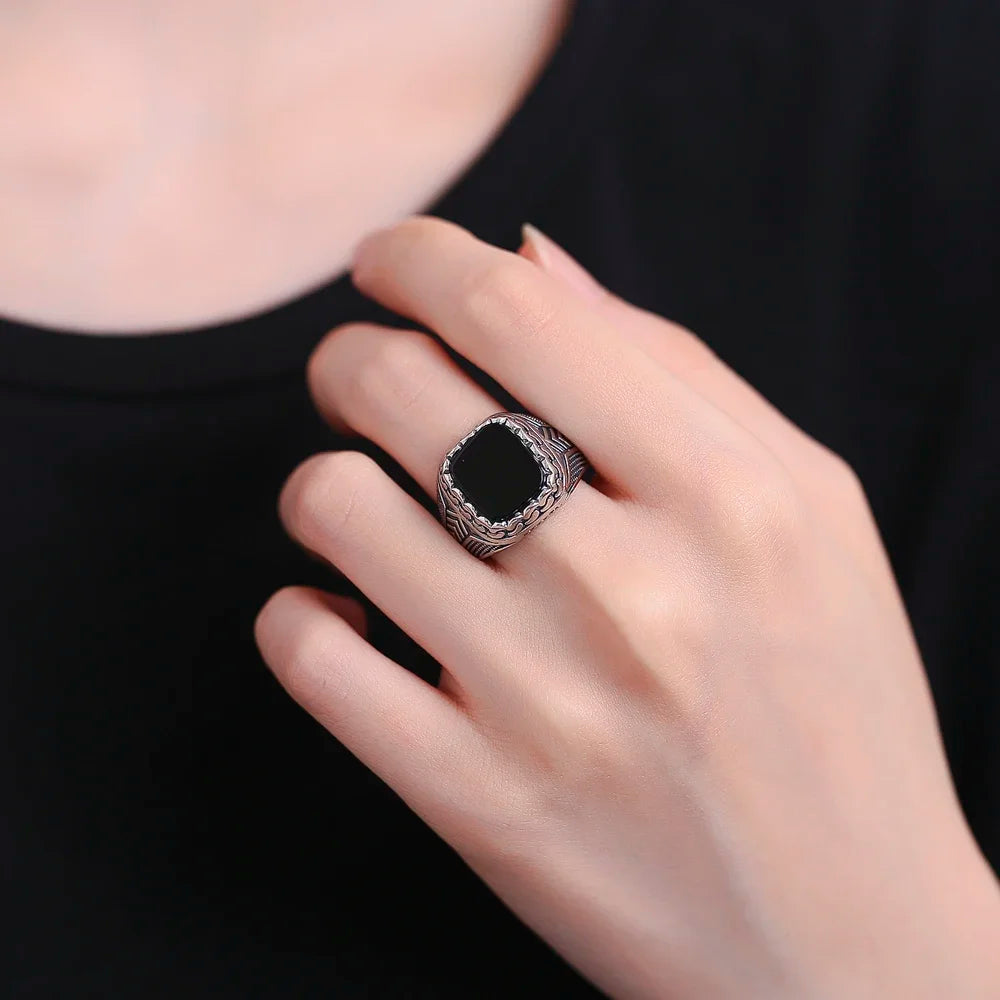 Natural 10*12mm Big Black Agate Stone Vintage Ring For Men Women,Noble Atmospheric Temperament Silver Plated Jewelry Rings Gifts