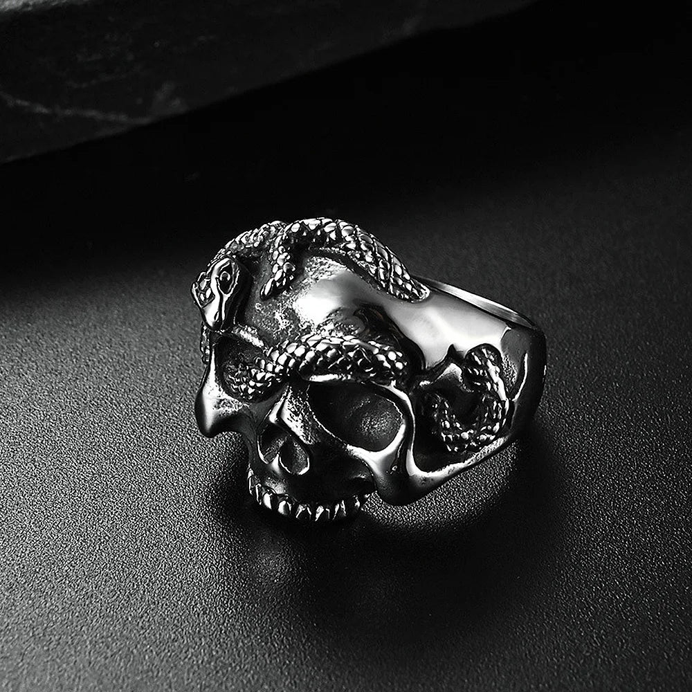 Gothic 316L Stainless Steel Skull Snake Ring For Men Punk Hip Hop Steel/Gold Color Skull Rings Fashion Jewelry Gift Wholesale