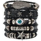 4/5/6pcs Evil Eye Wing Star Skull Diy Braided Punk Style Bracelet Set, Featuring Pu Leather And Beads Bracelet