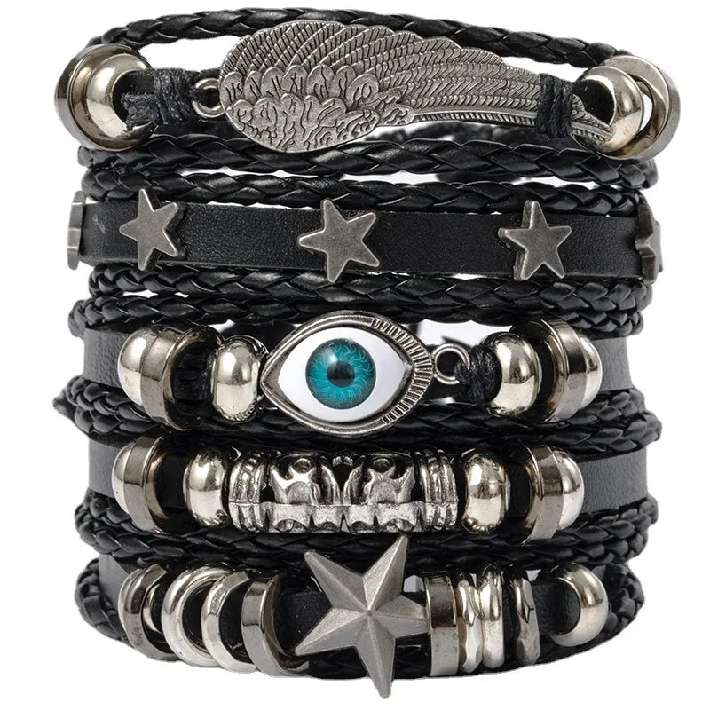 4/5/6pcs Evil Eye Wing Star Skull Diy Braided Punk Style Bracelet Set, Featuring Pu Leather And Beads Bracelet