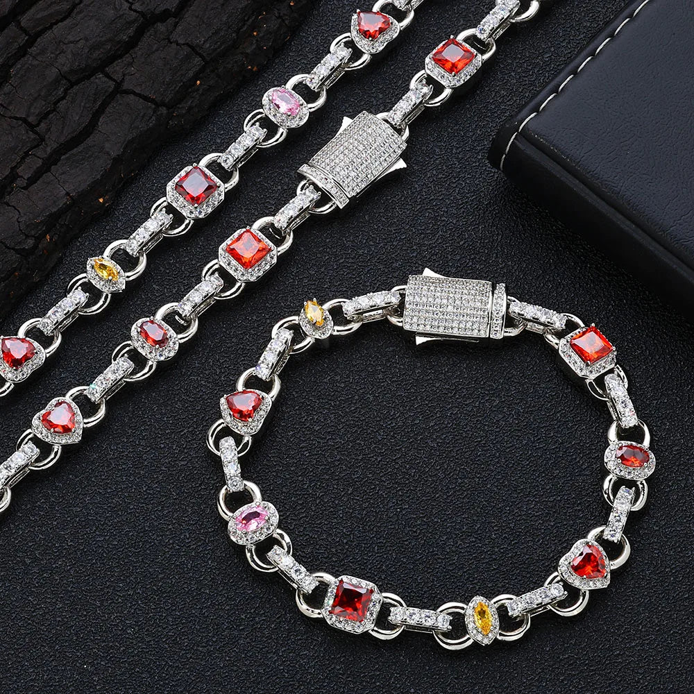 Gold Iced Out Heart Cuban Chain Necklace Colorful