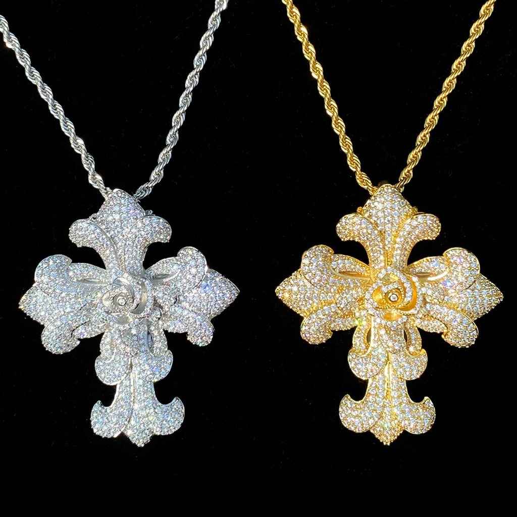 Aokaishen Iced Out Rose Flower Cross Necklace Pendant for Men Prong Setting 5A Cubic Zirconia Hip Hop Jewelry