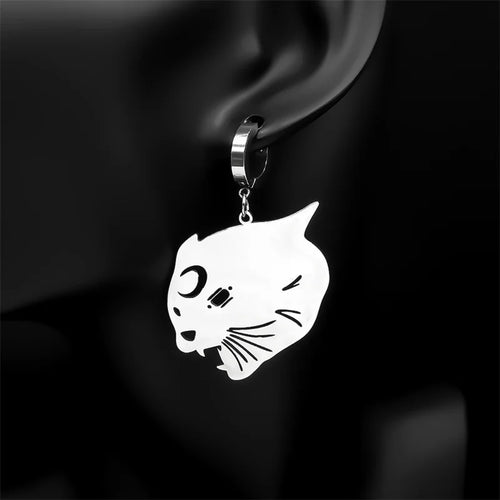 Cat Silver Earrings Witchcraft Head Moon Hoop