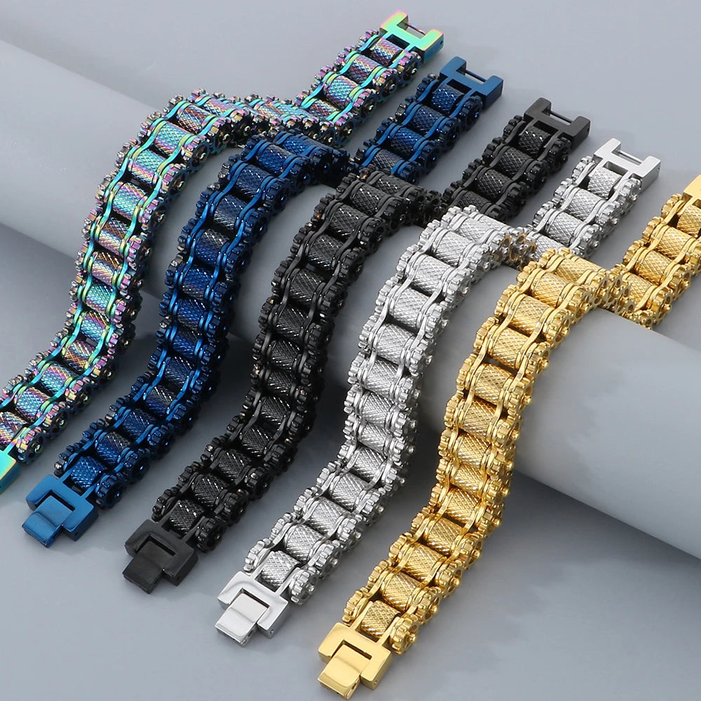 Casting Stainless Steel Man Bracelet 15MM Width Bike Motorcycle Chain Men's Bracelets & Bangles for Men 5 Color Bikers'
