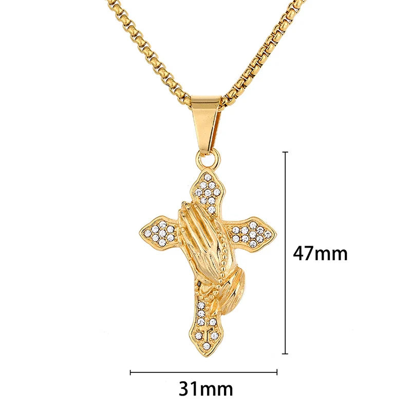 Iced Out Praying Hands Cross Pendant — Gold