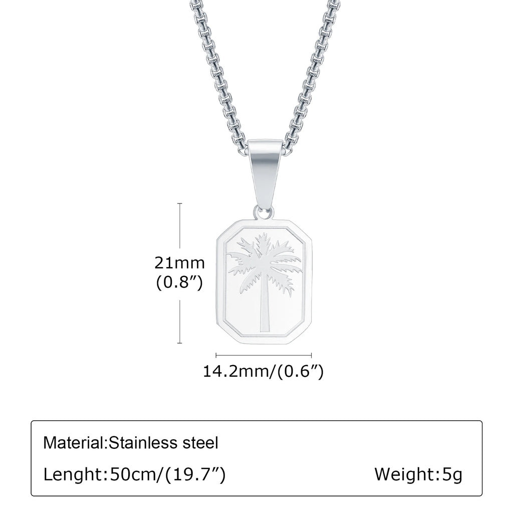Palm Tree Square Pendant Necklace — Stainless Steel