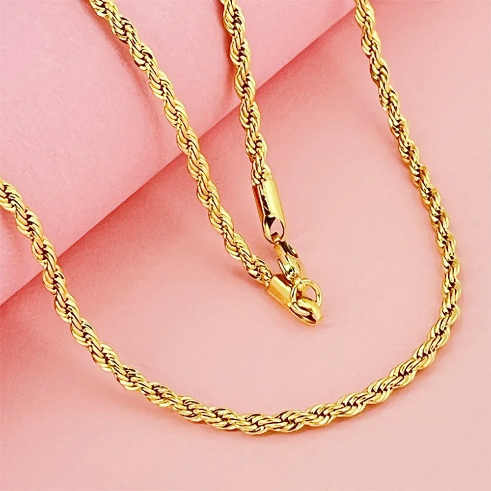 Luxury 925 Sterling Silver Gold Plated 3MM Twisted Rope Necklace for Women Men Accessories Jewelry 40-60CM