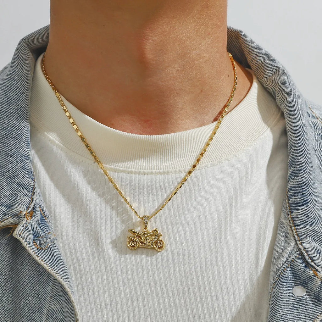 Luxury 24K 9999 Pure Gold real gold Vintage motorcycle pendant ruffian handsome men's necklace
