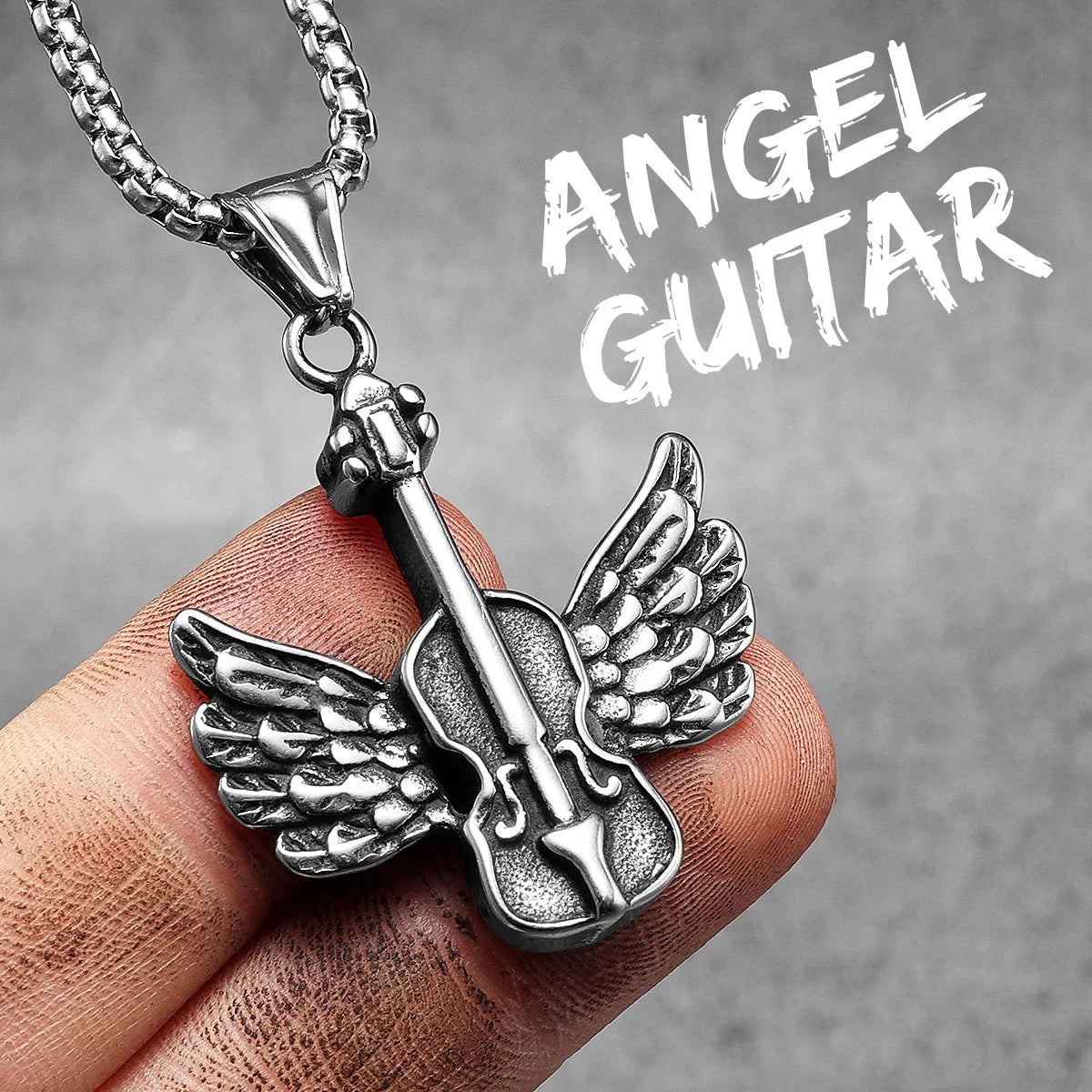 Angel Wings Violin Pendant Necklace Stainless Steel