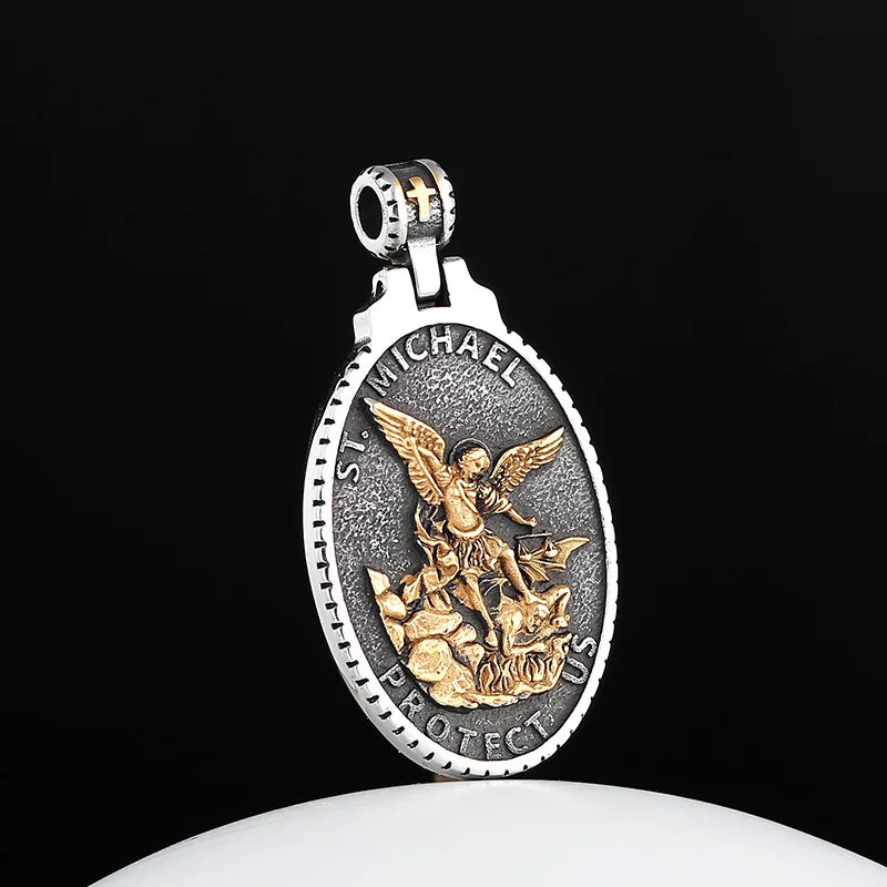 Men's 316L Stainless Steel Patron Saint Of Time Travelers Archangel Michael Gold Pendant Necklace jewelry