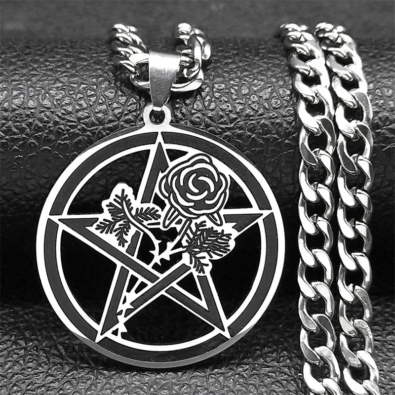 Black Rose Pentagram Pendant — Silver