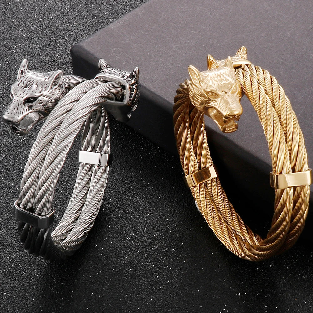 Viking Wolf Head Twisted Cable Open Cuff Bangle Bracelet For Men Stainless Steel Men's Bracelets Rock Roll Jewelry