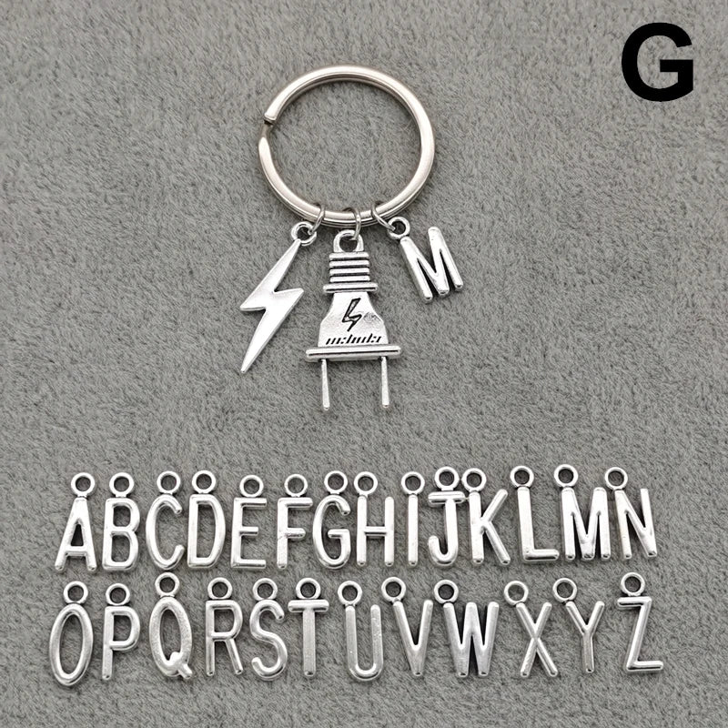 Fashion A-Z Letter Charm Lightning Bolt Plug Electrician Keychain for Electrical Worker Bag Car Keyring Gifts