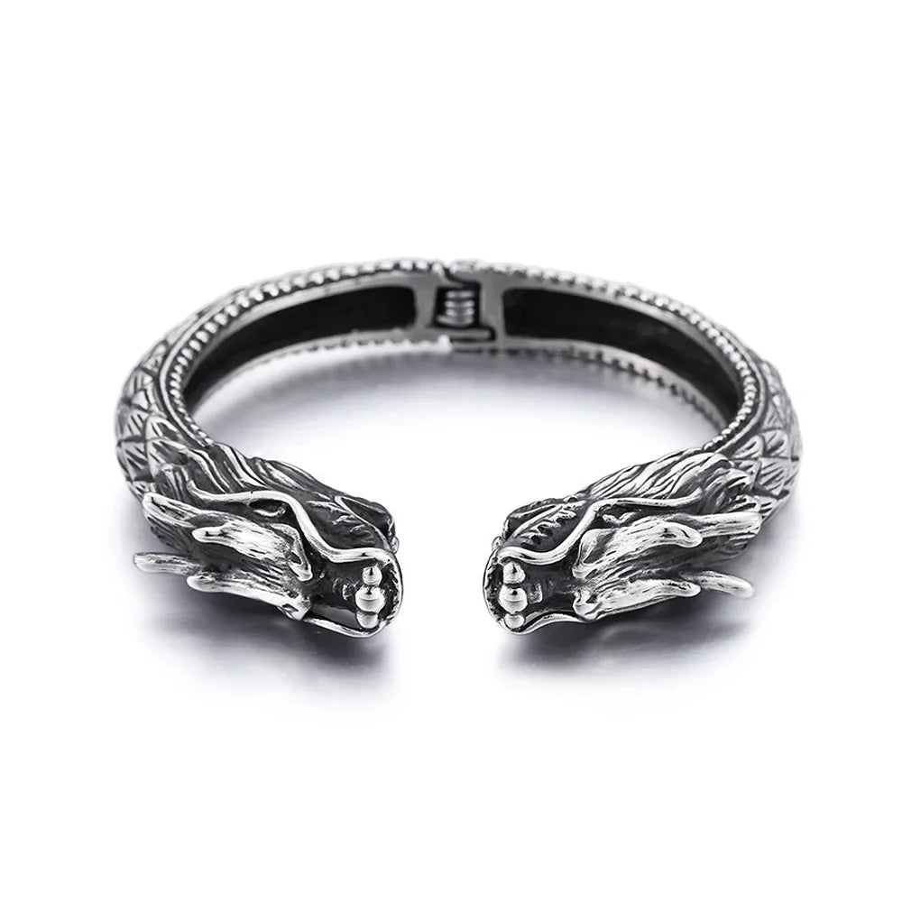 New Vintage Double Dragon Head Bracelets For Men Punk Hip Hop Biker 316L Stainless Steel Vikings Animal Bracelet Amulet