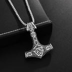 Vintage Viking Animation Style Pendant Necklace Titanium Steel Nordic Thor Hammer Triangle Knot Pendant Men's Necklace