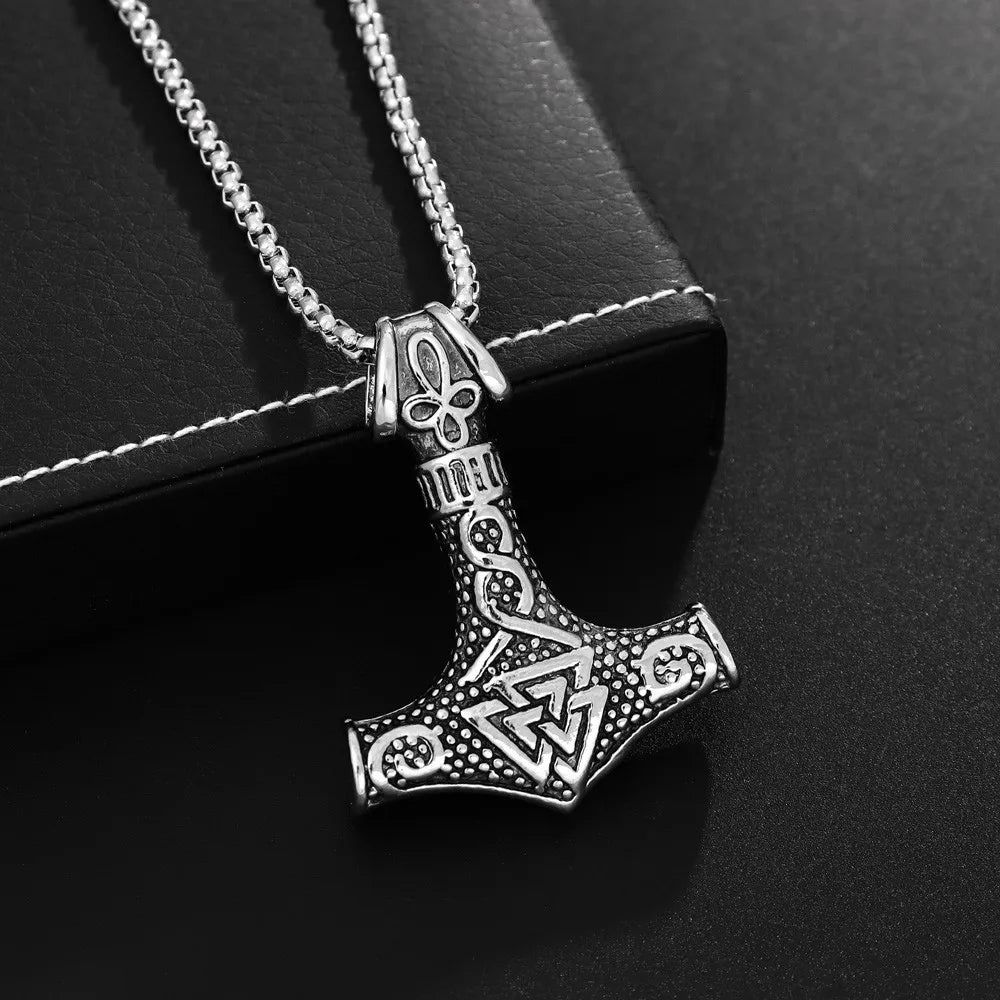 Vintage Viking Animation Style Pendant Necklace Titanium Steel Nordic Thor Hammer Triangle Knot Pendant Men's Necklace
