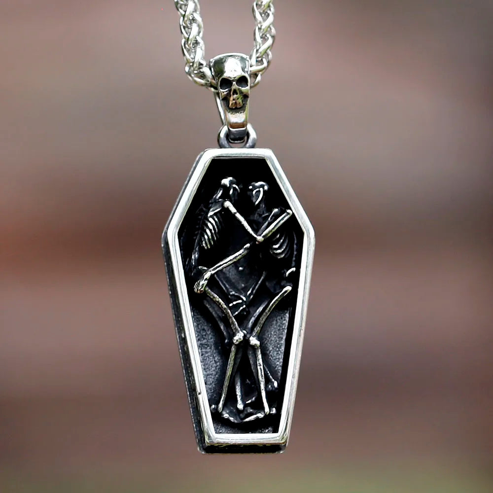 Vintage Men's Stainless Steel Steampunk Coffin Vampire Skull Skeleton Pendant Necklace Gothic Punk Biker Jewelry Gift