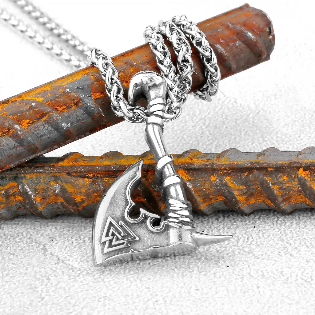 Men Vikings Ax Necklace Gold Color Never Fade Norse Rune Axe Thor Hammer Mjolnir Slavic Amulet Pendant Stainless Steel