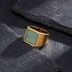 Gold Green Stone Signet Ring — Stainless Steel