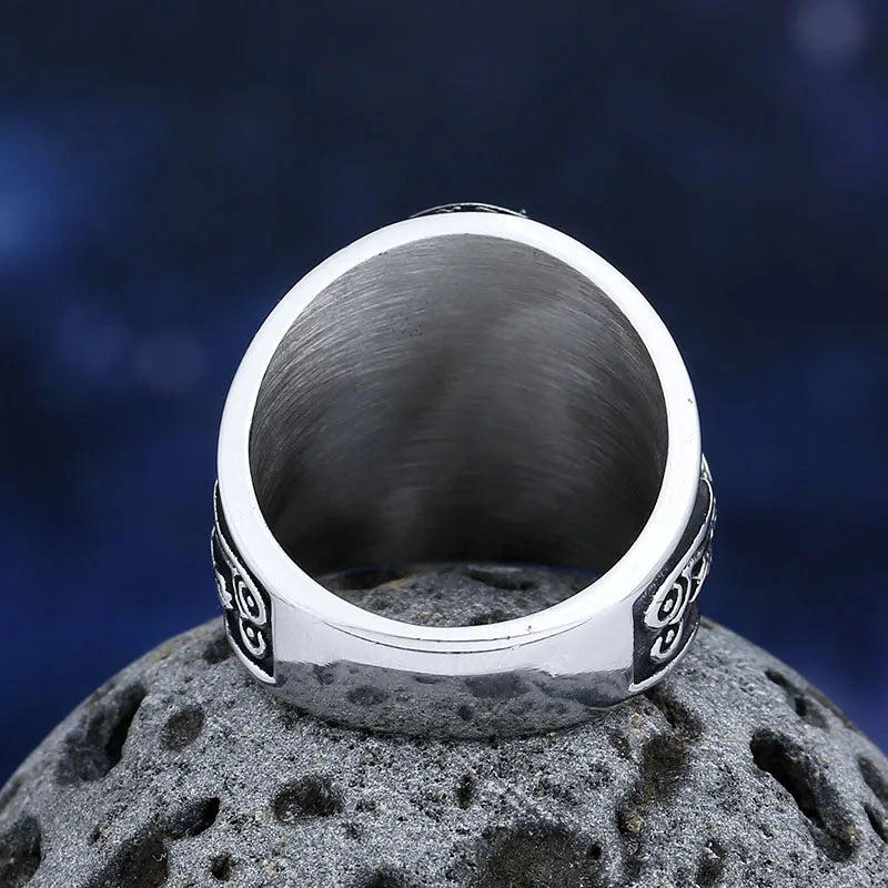Viking Odin Wolf Rune Ring, Blue Stone — Stainless Steel