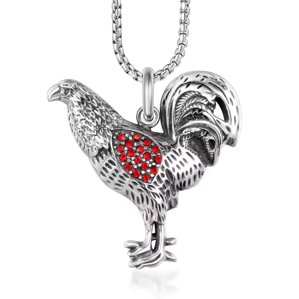 Rooster Pendant Necklace Red CZ Animal Portrait — Stainless Steel