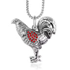 Rooster Pendant Necklace Red CZ Animal Portrait — Stainless Steel