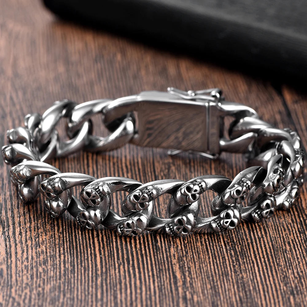 Men's Cast 316l Stainless Steel Skull Link Bracelet Man Punk Gothic Skeleton Head Wristband Biker Rock Chain Jewelry